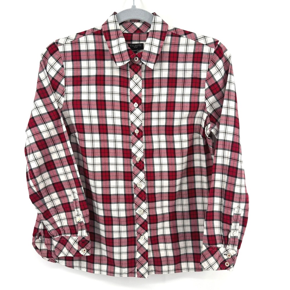 Talbots Plaid Button Down Women SP Red White Metallic Long Sleeve Holiday Shirt